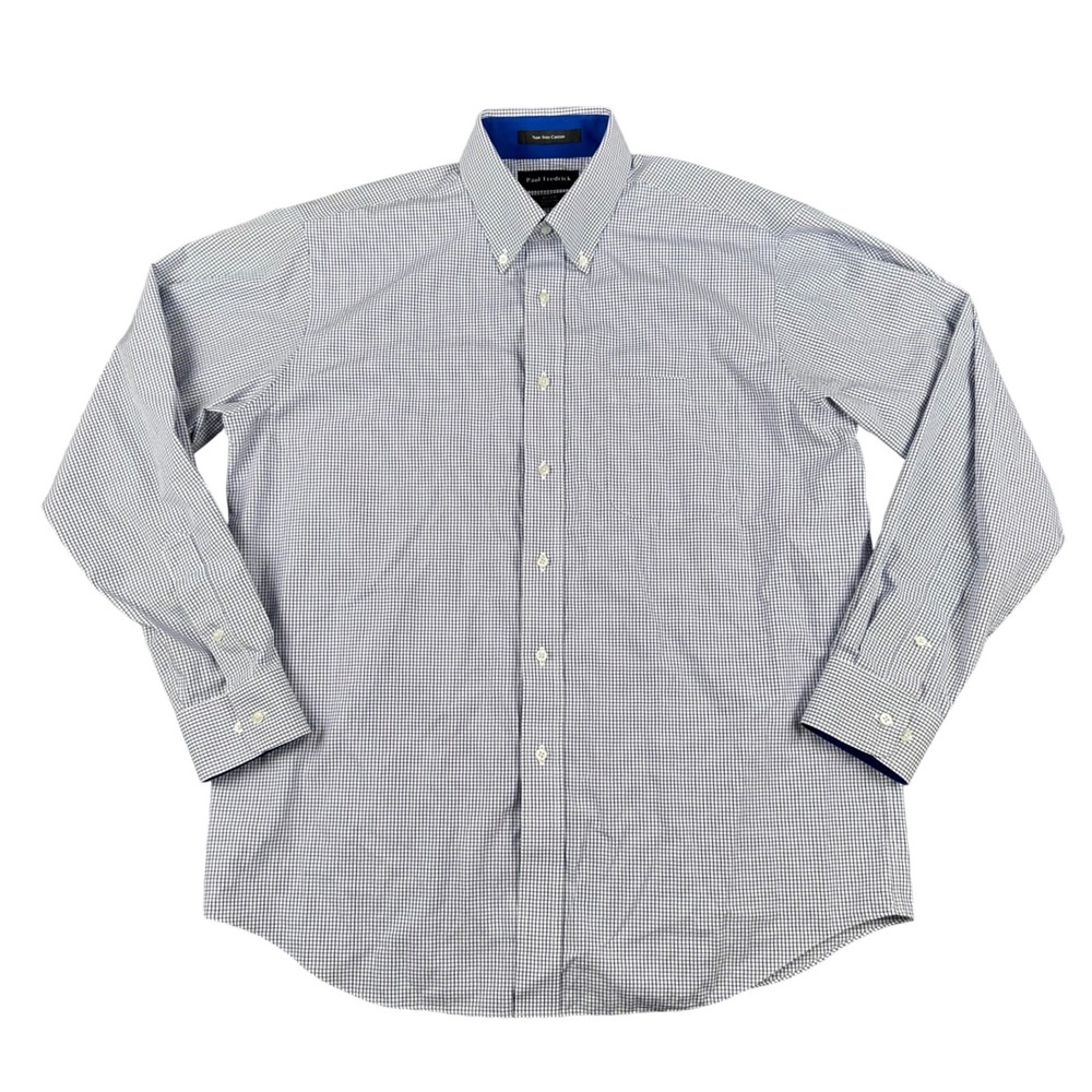 Paul Fredrick Mens Shirt 16.5 x 35 Classic Fit Blue White Check Non-Iron Cotton